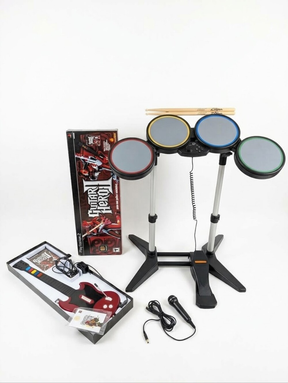 Guitar Hero II PS2 Complete In Box CIB Bundle Rock Band Drums & GH Mic Set NEW